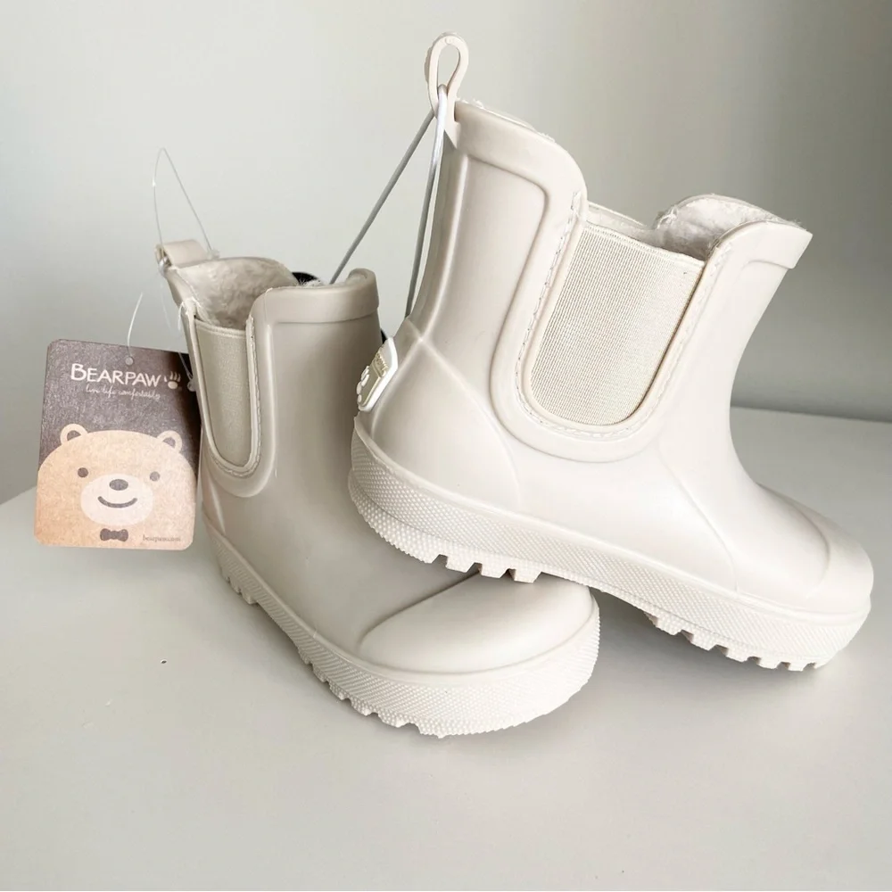 BearPaw Kids Cream Grey Neutral Chelsea Rain Boots - Slip-On Waterproof Boots